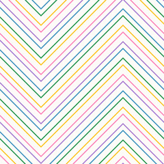 Obraz premium Thin zigzag lines vector seamless pattern. Colorful chevron stripes background. Funky texture with rainbow color line on white, striped zig zag. Simple abstract geometric background. Repeat geo design