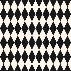 Vector checkered seamless pattern. Harlequin ornament in black and white color. Chequered texture. Simple background with rhombuses, checks grid, diamonds. Repeat monochrome geo design for decor, wrap