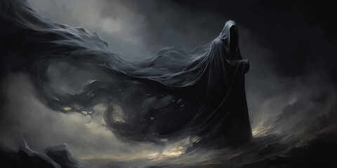 Death in black cloak. Death in black clothes with black hood. Grim reaper in the fog. Mysterious silhouette of man in black cloak with scythe. Halloween concept. Scary ghost. Death costume. Vector art - obrazy, fototapety, plakaty