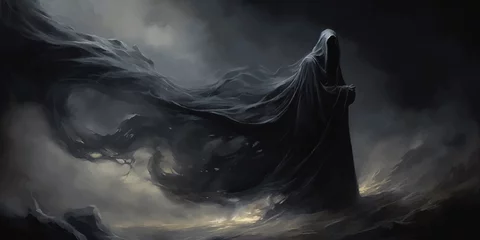 Fotobehang Death in black cloak. Death in black clothes with black hood. Grim reaper in the fog. Mysterious silhouette of man in black cloak with scythe. Halloween concept. Scary ghost. Death costume. Vector art © Zakhariya