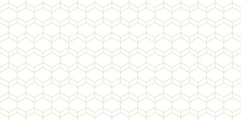 Vector minimalist seamless pattern. Simple golden background with thin lines, hexagonal grid, net, mesh, lattice. Abstract gold and white geometric minimal texture. Modern pattern. Subtle geo design