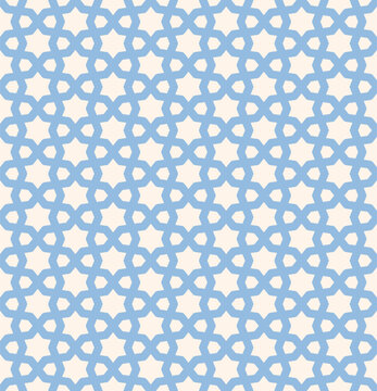 Abstract geometric seamless pattern in traditional Islamic style. Blue ornament with lines, elegant grid, lattice, oriental floral mosaic. Simple ornamental background. Modern minimal repeated design