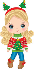 Vector Cartoon Cute Girl in Christmas Sweater