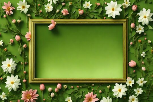 frame with flowers on green background