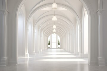Fototapeta na wymiar A captivatingly symmetrical arcade of columns and arches bathes the white hallway in an ethereal light, drawing viewers into a breathtaking display of architectural grandeur