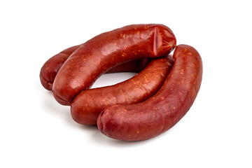 Smoked bratwurst sausages, isolated on white background.