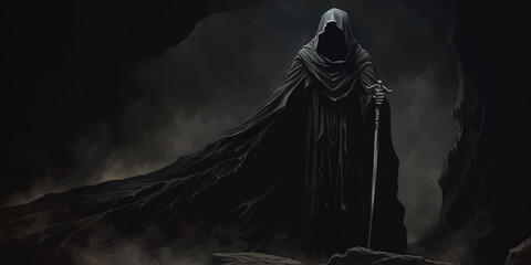 Death in black cloak. Death in black clothes with black hood. Grim reaper in the fog. Mysterious silhouette of man in black cloak with scythe. Halloween concept. Scary ghost. Death costume. Vector art