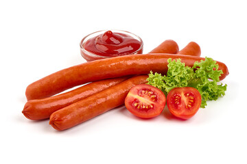 Grilled thin sausages bbq, close-up, isolated on white background.