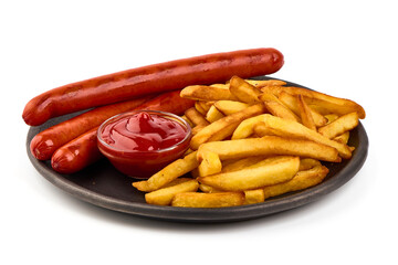 BBQ Roasted pork sausages with french fries, close-up, isolated on white background.