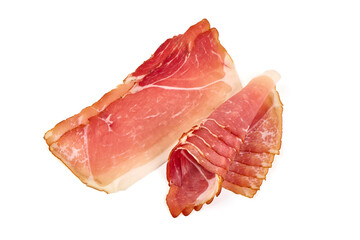 Dry Spanish ham, Jamon Serrano, Bellota, Italian Prosciutto Crudo or Parma ham, isolated on white background.