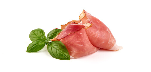 Dry Spanish ham, Jamon Serrano, Bellota, Italian Prosciutto Crudo or Parma ham, isolated on white background.