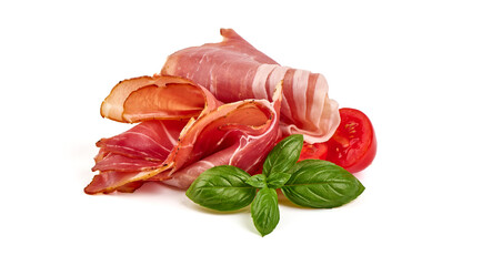Dry Spanish ham, Jamon Serrano, Bellota, Italian Prosciutto Crudo or Parma ham, isolated on white background.