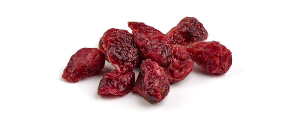 Dry organic cranberries, sweet berries, close-up, isolated on white background.