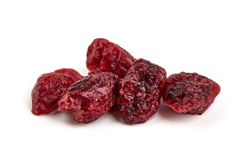 Dry organic cranberries, sweet berries, close-up, isolated on white background.