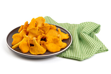 Raw fresh chanterelles mushrooms, isolated on white background.