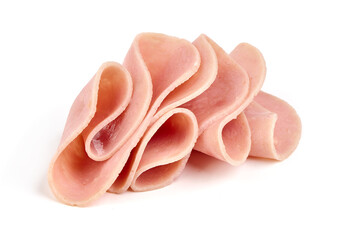 Thinly Sliced Ham, boiled sausage, isolated on white background.