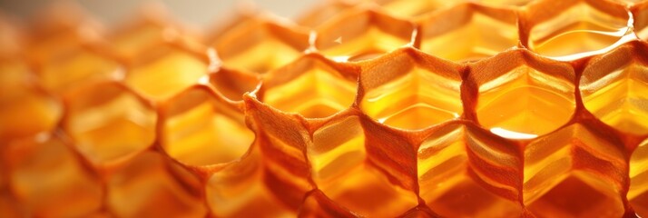 Close up of golden honeycombs filled with honey