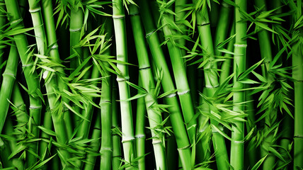 Green bamboo texture. Bamboo forest. Green grass in the sunshine. Bamboo tree leaf, plant stem and stick. Green natural background.