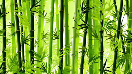 Bamboo tree in green tropical forest. Green floral background with twigs and leaves. Green bamboo texture. Green natural background.