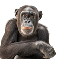 Chimpanzee sitting looking up with disappointed face, half body portrait isolated on white