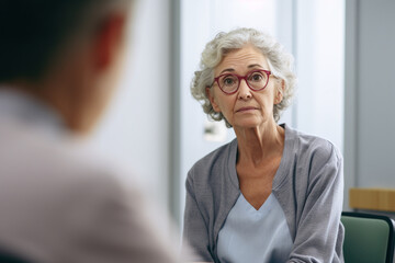 An elderly woman sitting in a doctor's office, her thoughtful expression as she discusses her health concerns with the physician  - obrazy, fototapety, plakaty