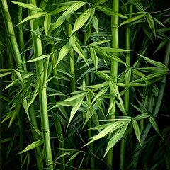 Fototapeta premium Bamboo on a black background. Young tropical bamboo shoots illustration. Tropical forest tree Asian jungle. Green natural background.