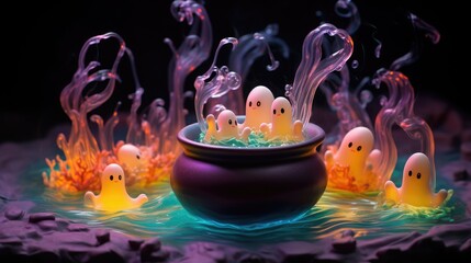 Cute ghost miniatures and witch's cauldron