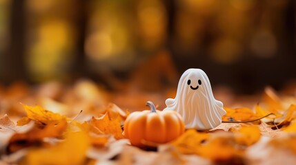 Halloween decoration featuring a cute ghost miniature and pumpkin set against an autumn leaf background
