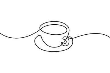 Cup on a saucer in continuous line art drawing style. Tea or coffee cup black linear design isolated on white background. Vector illustration