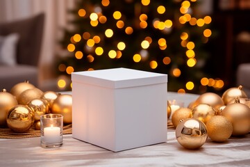 white blank box mockup on christmas background with lights,AI generated.