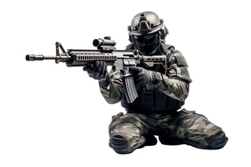 Fototapeta premium Soldier with weapon isolated on transparent background PNG