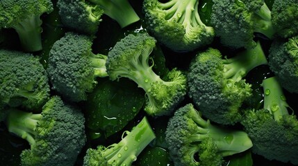 Fresh green broccoli on black background, top view. Healthy food concept - obrazy, fototapety, plakaty