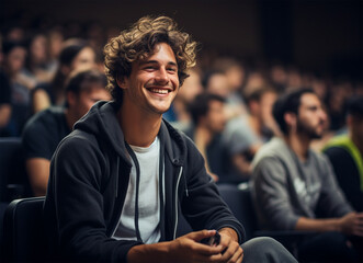 Portrait of a smiling young man sitting in a lecture hall.