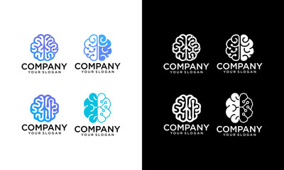 Set of four blue brain icons. Top and side view