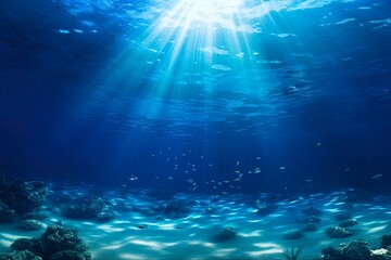 Deep Blue Sea - Underwater Background with Beautiful Light Rays and Sandy Floor. Generative AI