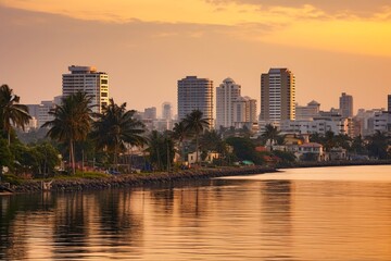 Golden Hour in Lagos, Nigeria: Skyline of Victoria Island - City Landscape and Enchanting Evening Landscape in West Africa. Generative AI