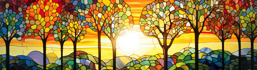 Mosaic stained glass window featuring a beautiful autumn sunset