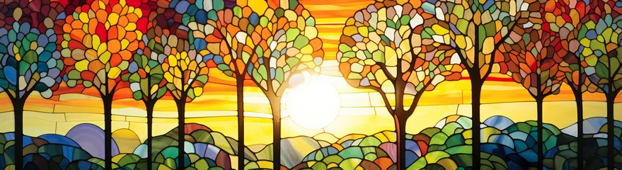 Photo sur Aluminium Coloré Mosaic stained glass window featuring a beautiful autumn sunset