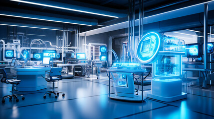 Advanced futuristic industrial facility or laboratory with high tech installations. Future technology concept.