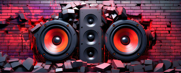 Very loud sounds or music abstract metaphor, speaker in front of a cracking wall