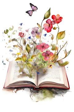 open book from which flowers grow, Watercolor illustration, isolated on a white