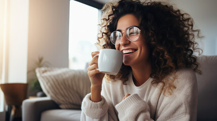 Young woman enjoying a mug of coffee in a homely atmosphere. Created with Generative AI technology. - Powered by Adobe