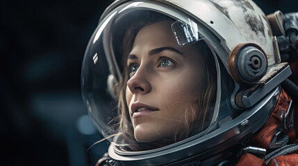 Portrait of a female astronaut in a protective spacesuit - obrazy, fototapety, plakaty