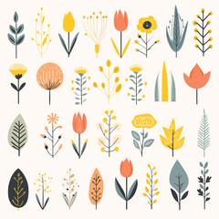 Vector set of leaves, flowers, and plants. Seamless pattern with flowers and leaves, Boho inspired elements