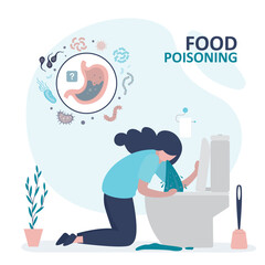 Sick woman vomits in toilet. Alcohol poisoning. Pathogenic microorganisms attack stomach. Unhappy girl with hangover near toilet bowl feel nauseous in bathroom.