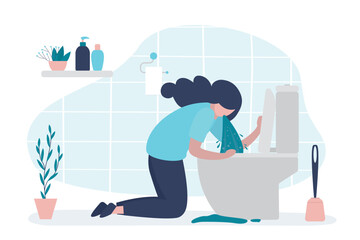 Sick woman vomits in toilet. Alcohol poisoning concept. Unhappy girl after night party with hangover near toilet bowl feels nauseous in bathroom.