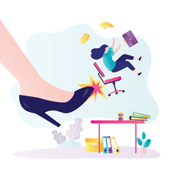 Big high-heels shoes kick dismissal worker. Boss fired female employee from company. Jobless troubles, staff reduction. Businesswoman dismissed from work, empty workplace.