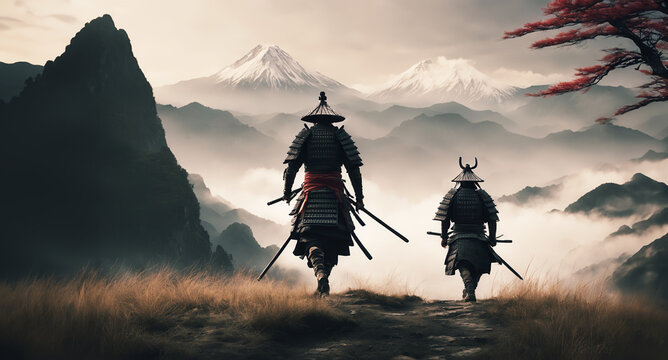 samuraiimmagine primo piano di guerrieri samurai che camminano su un sentiero di montagna, vallata nebbiosa e montagne all'orizzonte, tramonto
