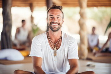 Obraz premium Portrait of happy and smiling yoga teacher in yoga retreat on Ibiza island. People sitting in lotus position in background
