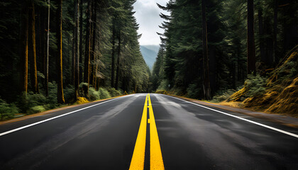 Naklejka premium Panoramic dark empty two-lane quiet foggy road